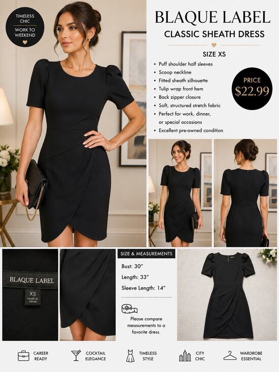 Blaque Label Dresses & Skirts - Blaque Label XS Black Sheath Dress Puff Short Sleeve Tulip Hem Career Cocktail